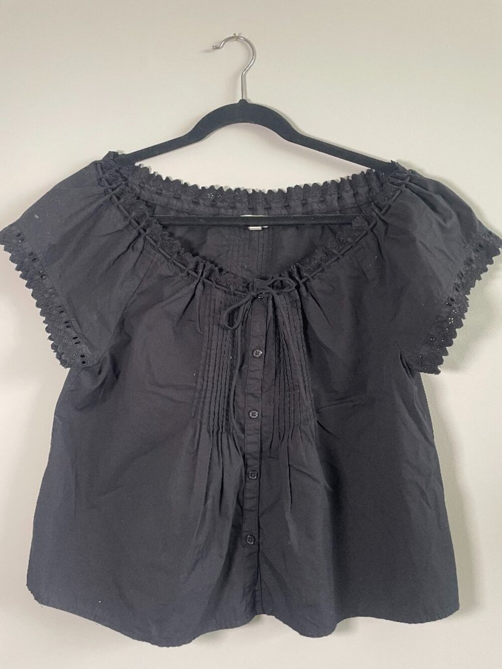 Black Eyelet Trim Cotton Peasant Blouse Top